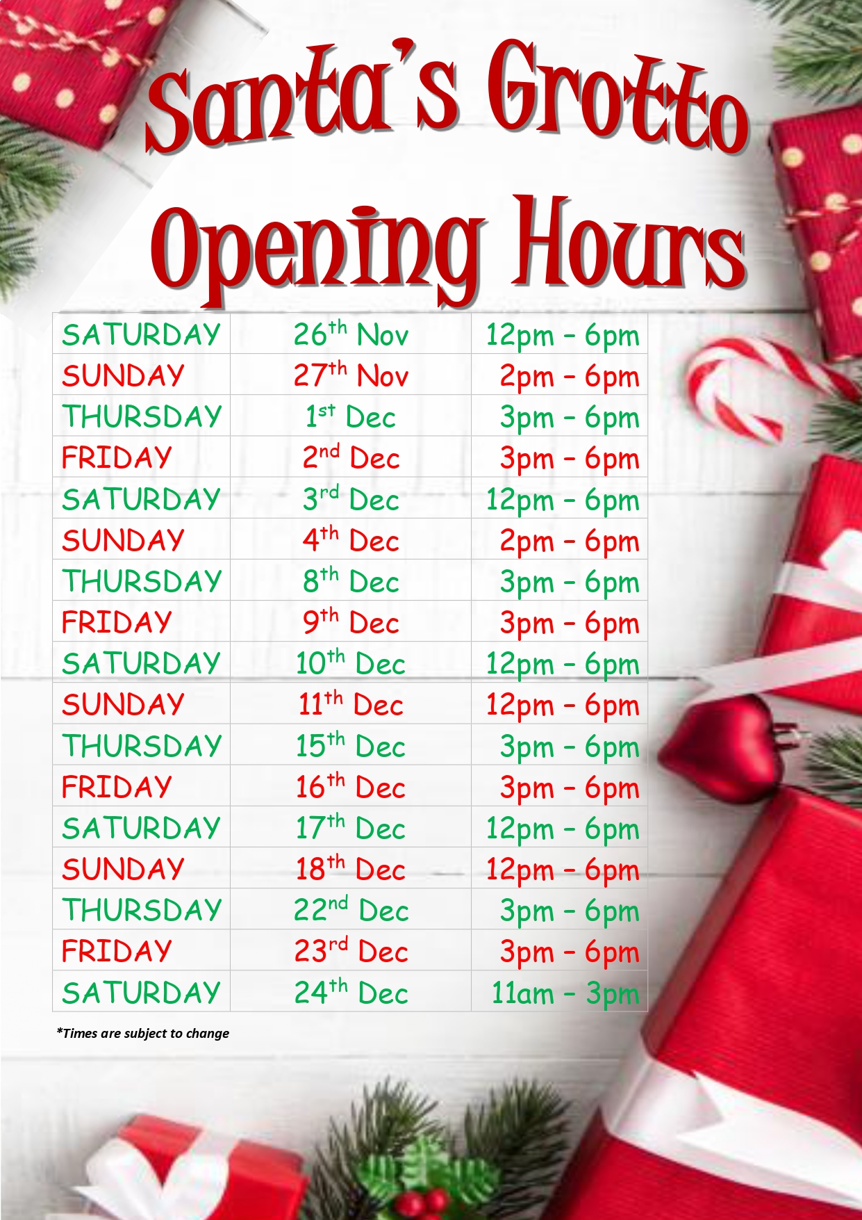 SANTA'S GROTTO OPENING HOURS