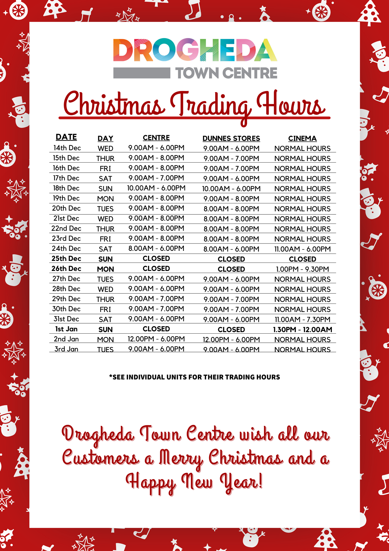 CENTRE CHRISTMAS TRADING HOURS